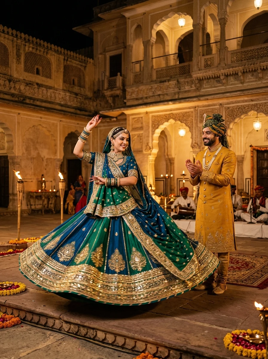 Rajasthani Ghoomar dance in palace courtyard Sangeet ceremony prompt