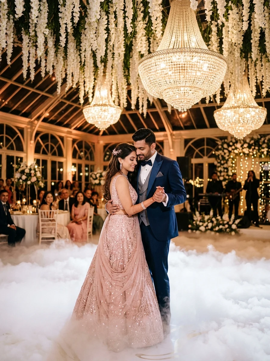 Slow romantic waltz dance under crystal chandeliers Sangeet prompt