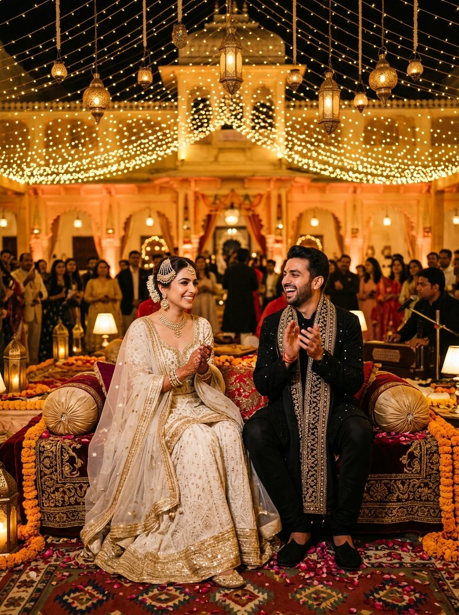 Royal palace Sufi Qawwali night Sangeet ceremony couple prompt for Gemini AI