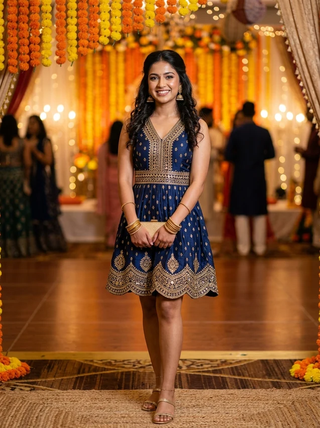 Festival Prompts Indo-Western Embroidered Silk Short Dress for Sangeet Party