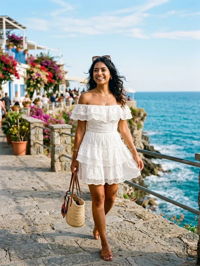 Short Dress Prompt for Gemini Girl Bohemian White Lace Off-Shoulder Resort Dress