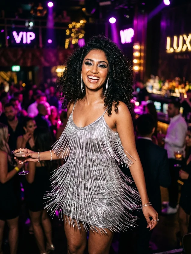 Gemini Hot Dress Prompt Generator Metallic Silver Fringe Party Mini Dress