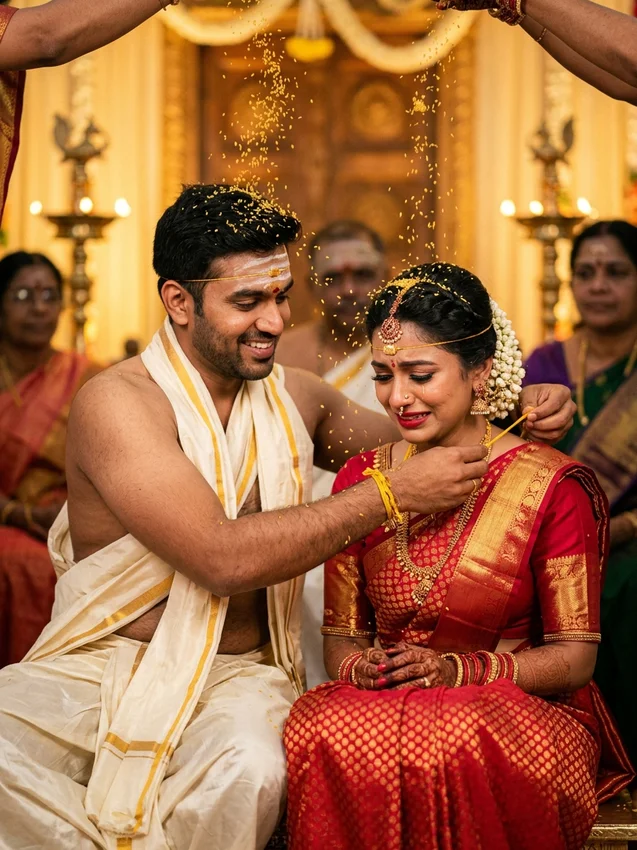 South indian wedding photo prompt for gemini - thali kettu mangalyadharanam akshata shower