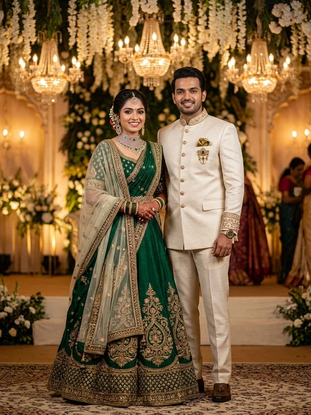 South indian wedding theme ideas - royal reception bottle green lehenga and ivory bandhgala