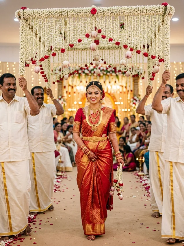Simple wedding photo ideas - south indian bridal entry cascading jasmine canopy