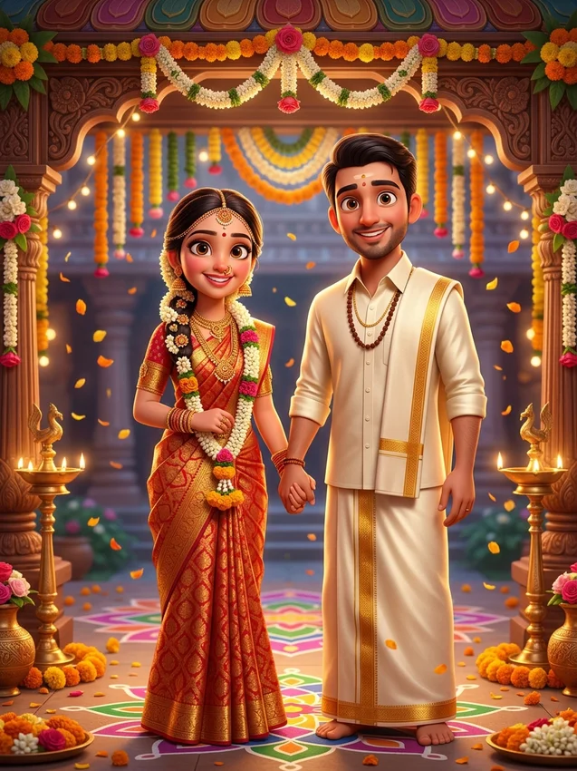 South indian wedding ai images - pixar 3d animated cute south indian wedding couple