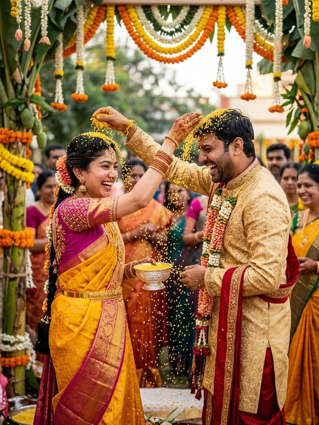South indian wedding ai images - talambralu holy rice shower turmeric pearls