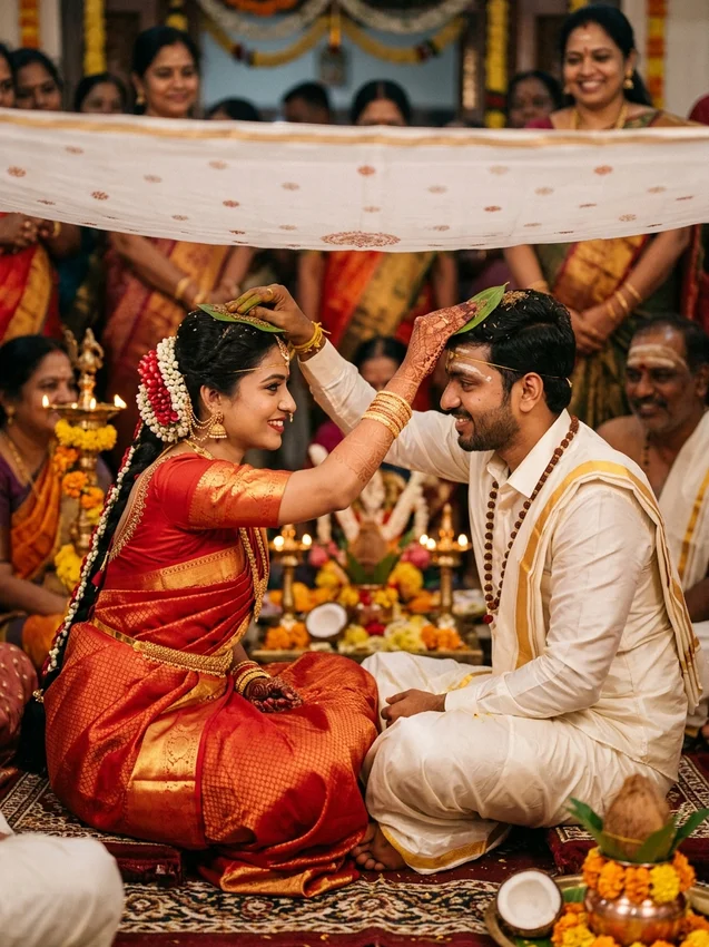 South indian wedding photo prompt for gemini - jeelakarra bellam cumin jaggery ceremony