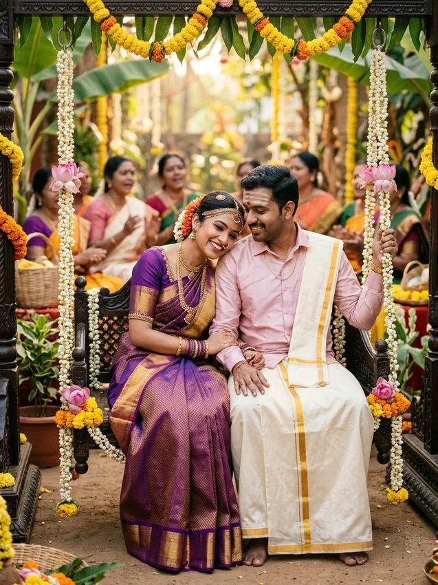 Cool wedding photo ideas - tamil oonjal wooden swing jasmine garlands