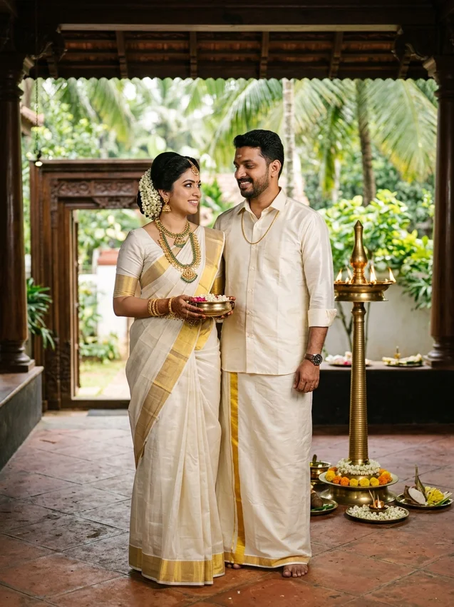 Simple wedding photo ideas - kerala kasavu saree nalukettu courtyard nilavilakku