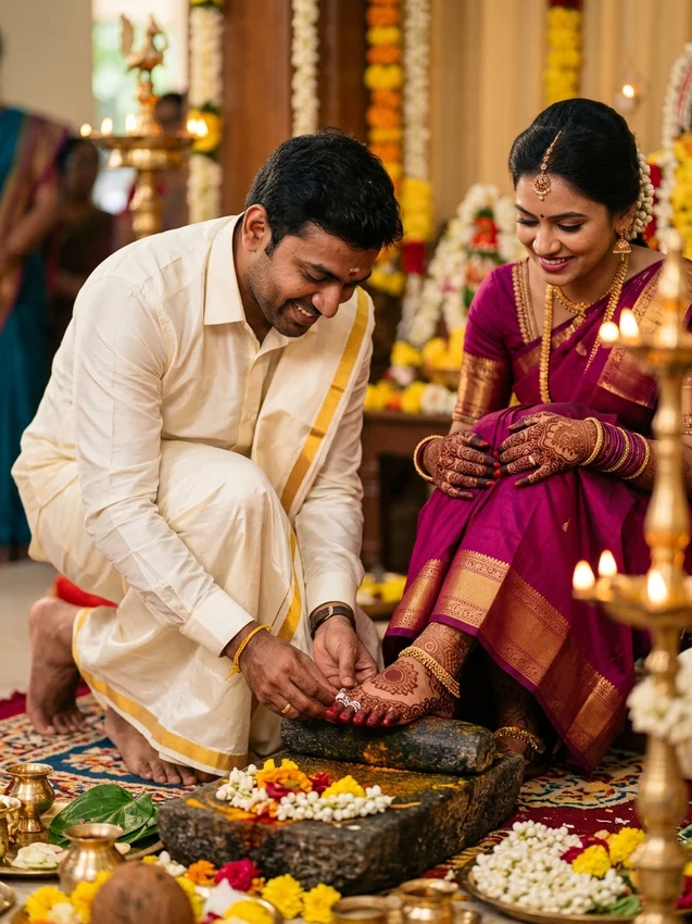 South indian wedding photo prompt for gemini - metti toe ring ceremony on ammi kal stone
