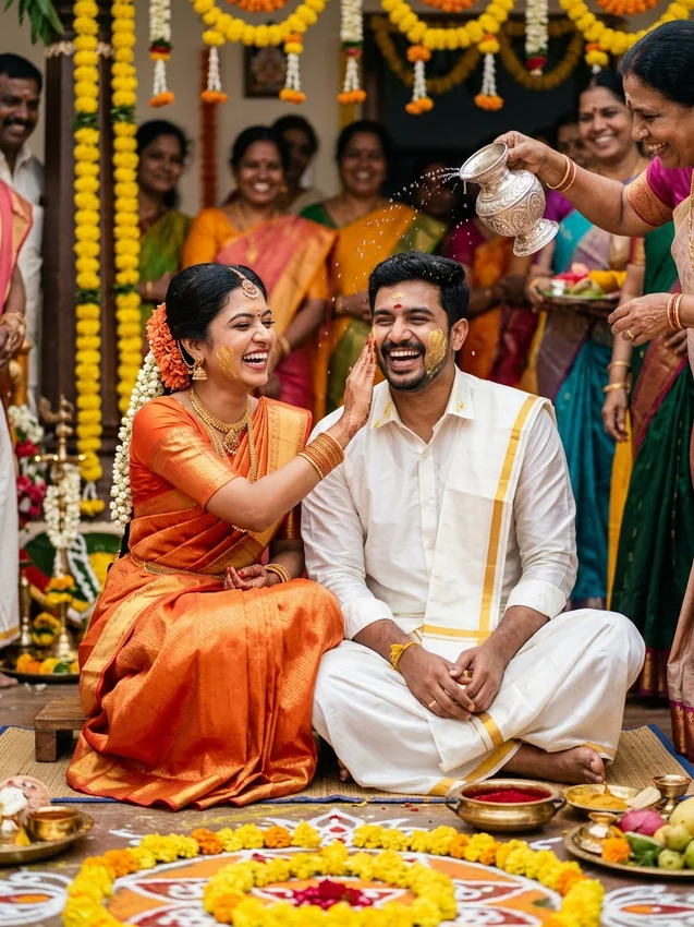South indian wedding ai images - nalagu rose water sprinkling and chandan paste