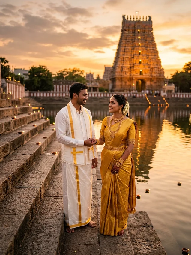 Cool wedding photo ideas - temple pond sunset walk gopuram reflection