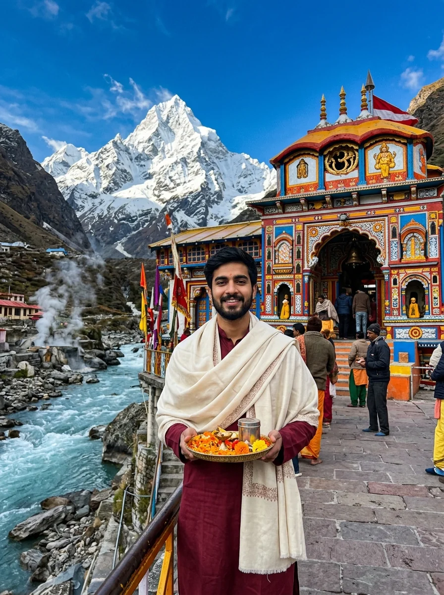 Badrinath Temple colorful facade Mount Neelkanth prompt for Gemini AI