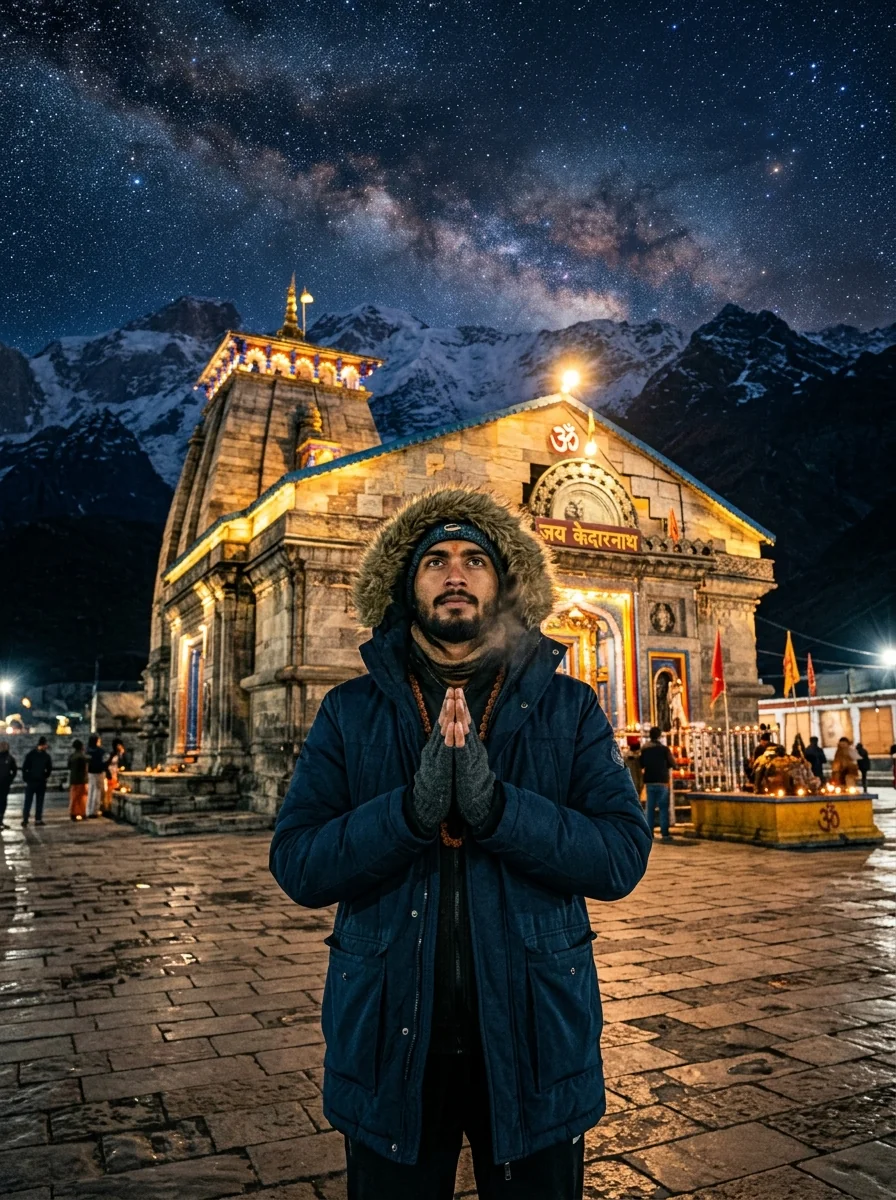 Kedarnath Temple night illumination Milky Way starry sky prompt for Gemini AI