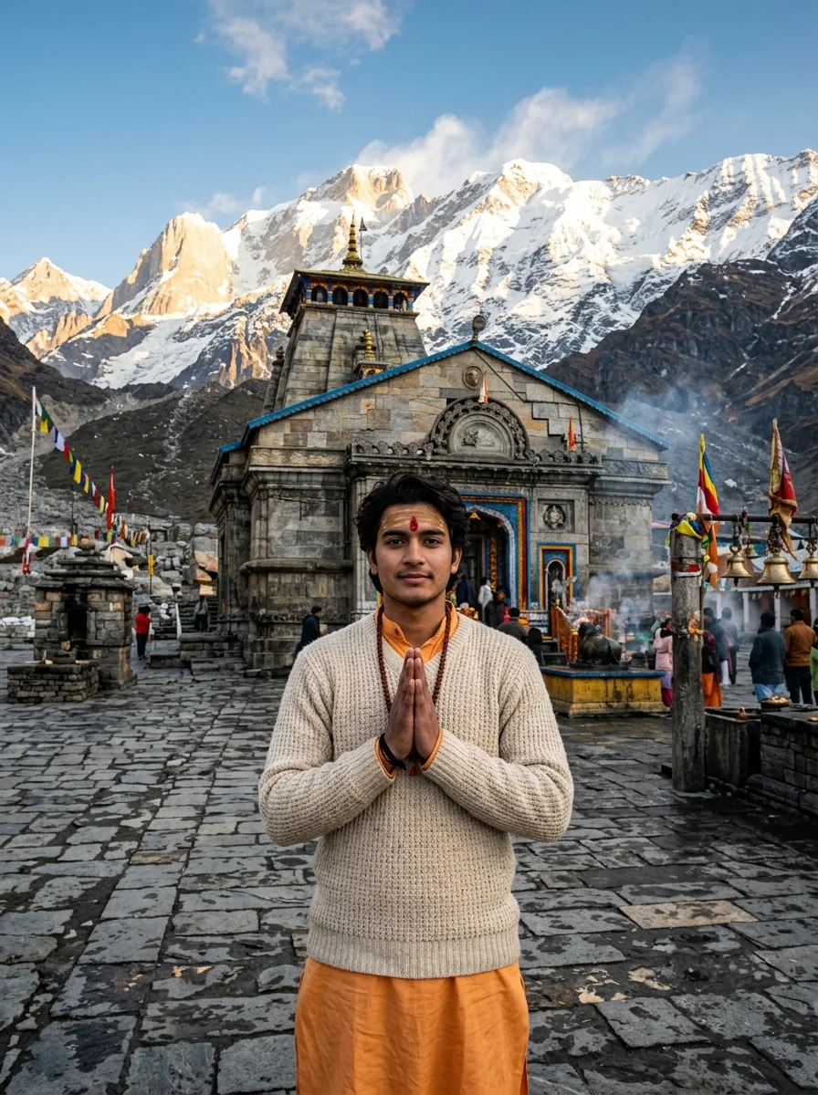 Kedarnath Temple sunrise pilgrimage photo prompt for Gemini AI