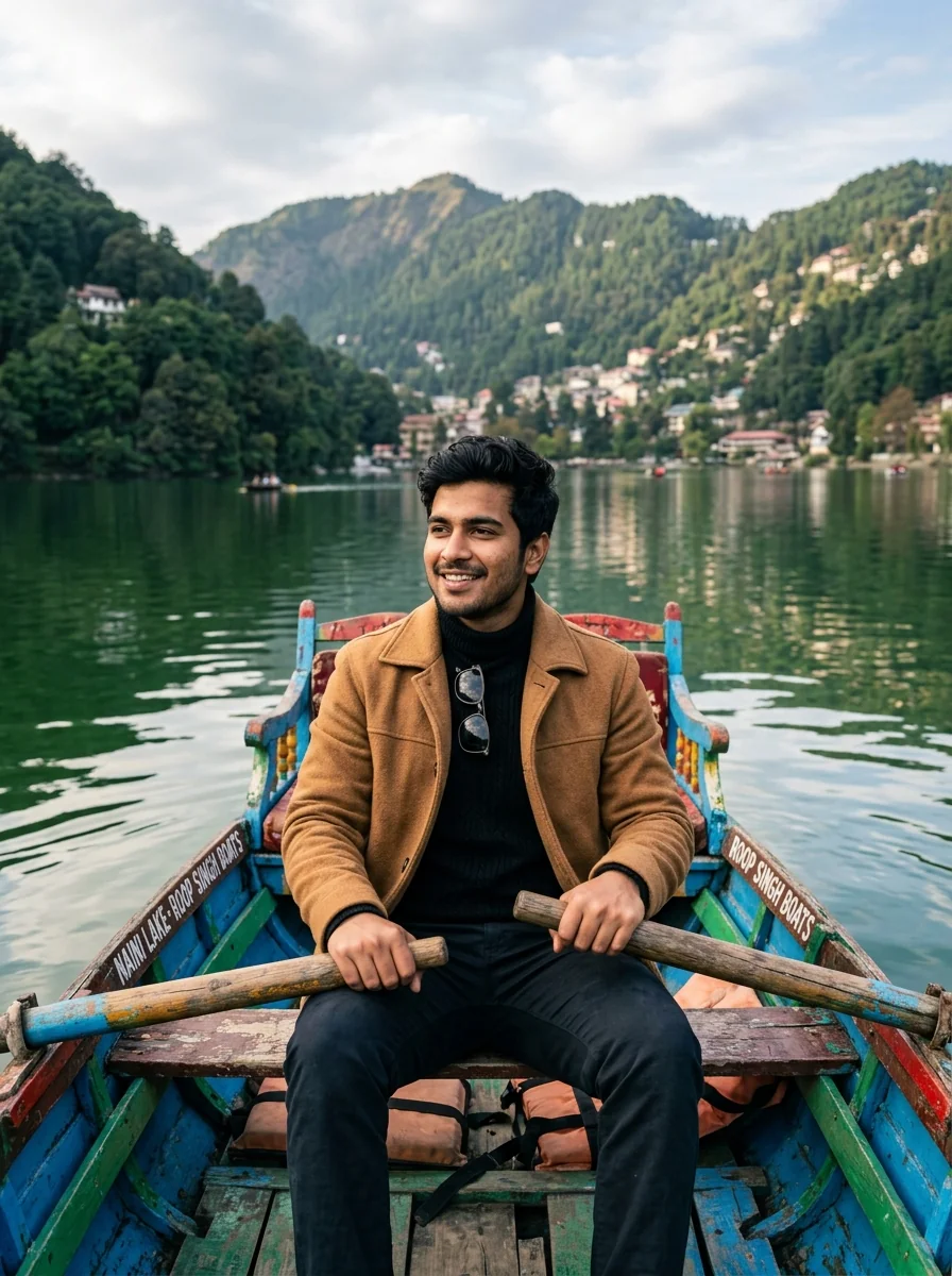Nainital Naini Lake wooden rowboat travel prompt for Gemini AI