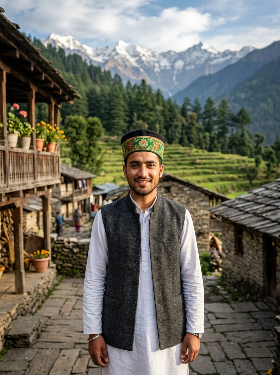 Pahadi boy in traditional Uttarakhandi topi prompt for Gemini AI