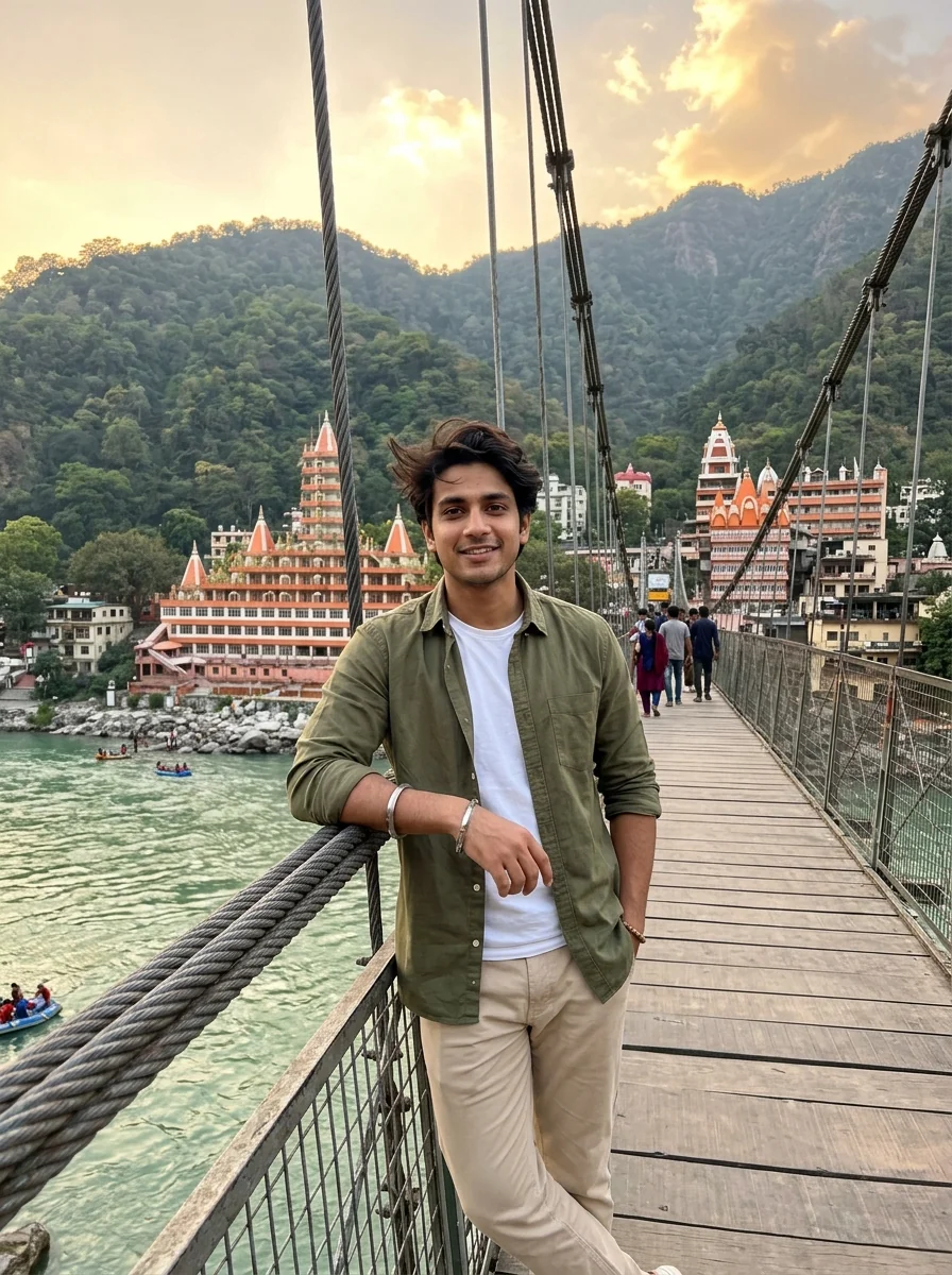 Rishikesh Lakshman Jhula suspension bridge Ganga prompt for Gemini