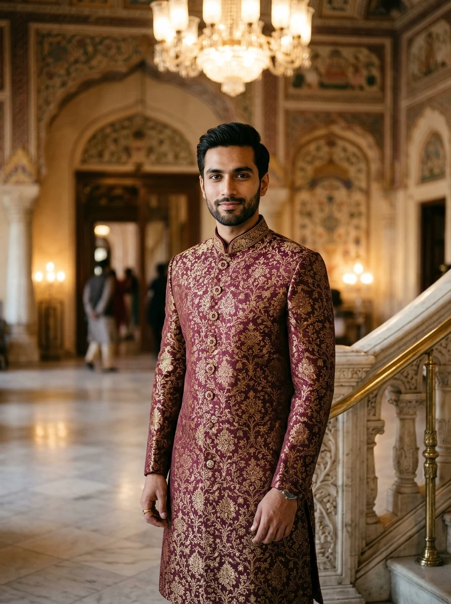 Deep Wine Burgundy Brocade Sherwani Traditional Look Prompt For Men